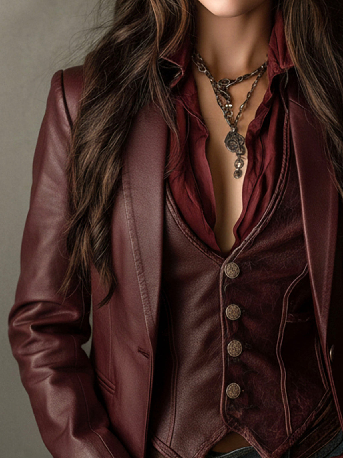 Évangéline | Blazer Bordeaux Effet Cuir