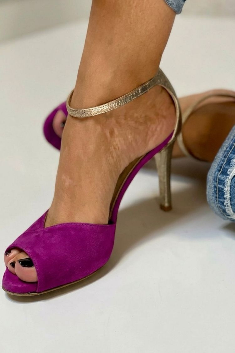 Talons aiguilles à bout ouvert pailletés avec bride cheville et boucle