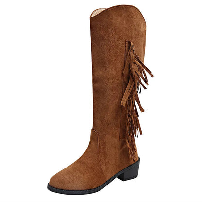 Hermine | Bottes Hautes Marron en Suédine à Franges et Talon Épais
