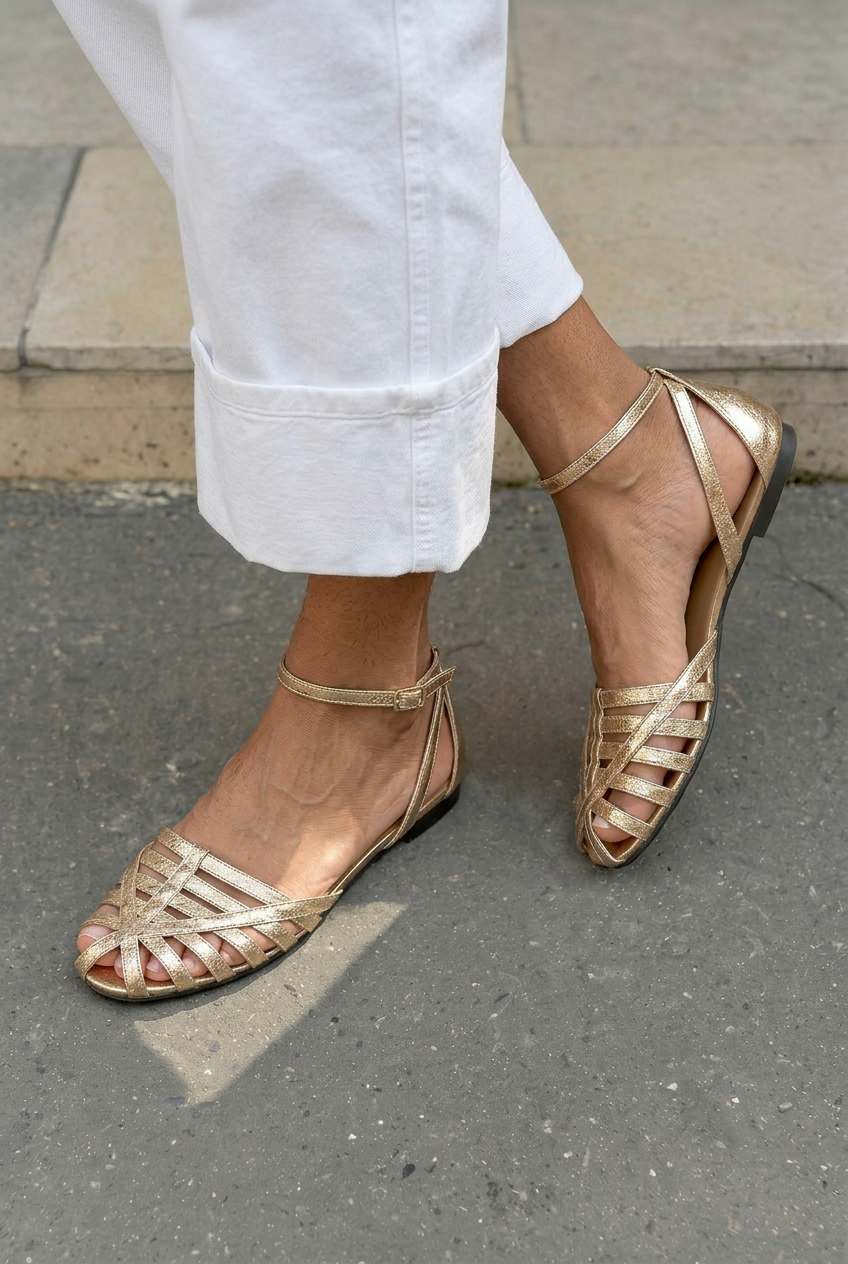 Sandales plates tressées à bout fermé avec bride cheville [Précommande]
