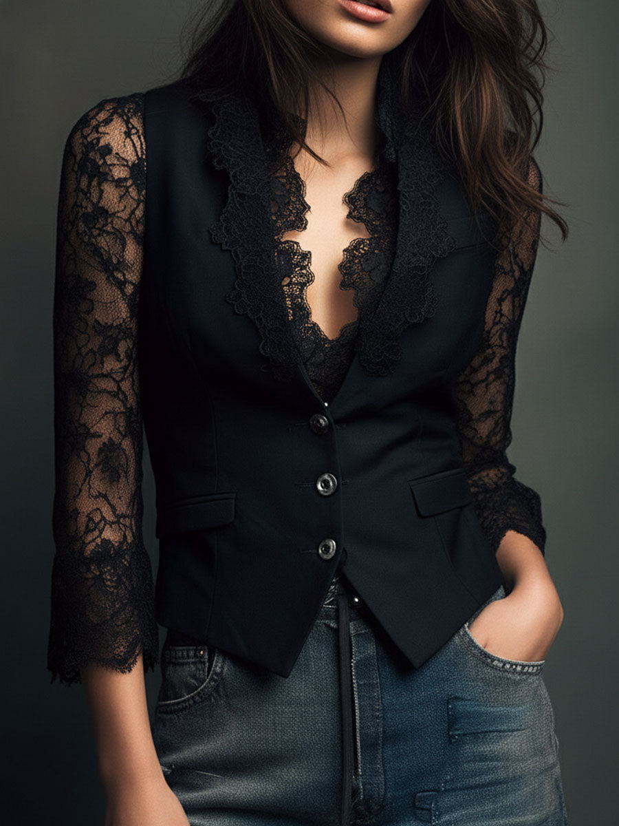 Noemi | Blazer Court Noir à Manches Semi-Transparentes