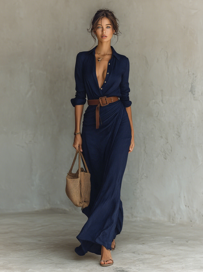Robe Maxi Longue Femme à Col Classique et Manches Longues