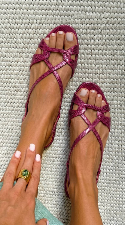 Sandales plates slingback effet serpent Bronze à bout ouvert