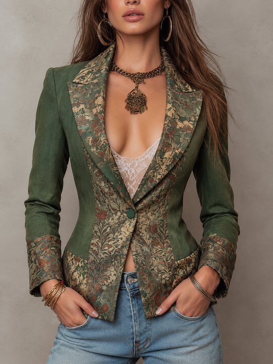 Félicie | Blazer Cintré Vert Olive à Revers Tapisserie