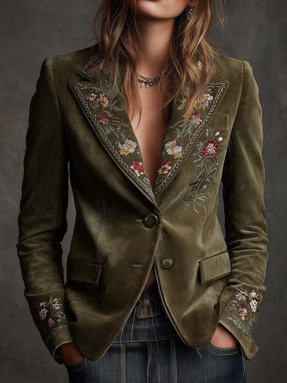 Huguette | Blazer en Velours Vert Olive Brodé de Fleurs
