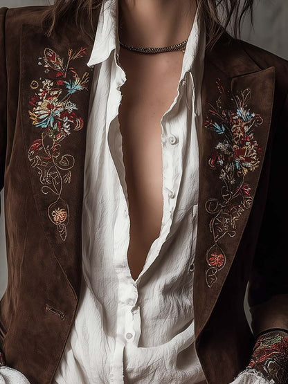 Domitia | Blazer en Suédine Marron Brodé