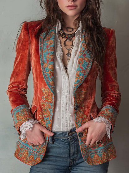 Ermeline | Blazer en Velours Imprimé à Contraste de Couleurs