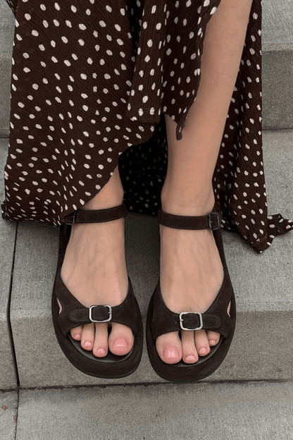 Sandales Confort Vintage en Daim Noir à Double Bride, Boucle et Bout Ouvert.