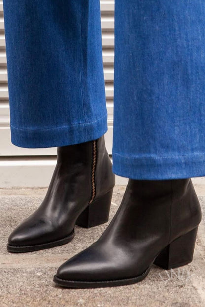 Virginie | Bottines Noires à Talon Bloc et Bout Pointu