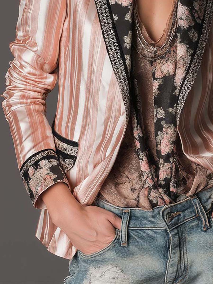 Athénaïs | Blazer Bohème Rayé Satiné à Doublure Fleurie