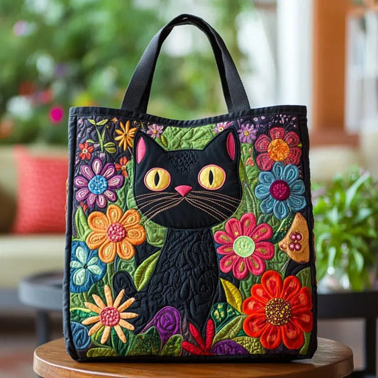 Paola | Sac Matelassé Chat Noir parmi les Fleurs