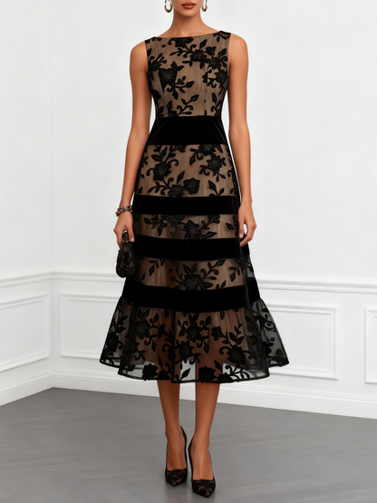 Robe Midi Noire Trapèze Sans Manches en Mesh Fleuri