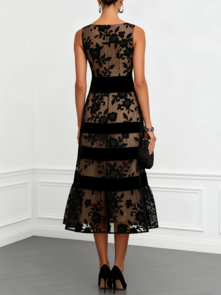 Robe Midi Noire Trapèze Sans Manches en Mesh Fleuri