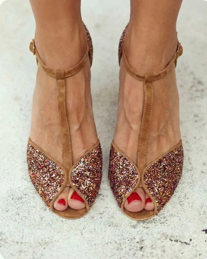 Sandales peep toe en suédine Marron à bride en T et talon mi-haut
