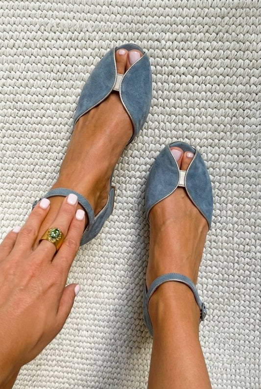 Ballerines peep toe chic en suédine Bleu à liseré métallisé