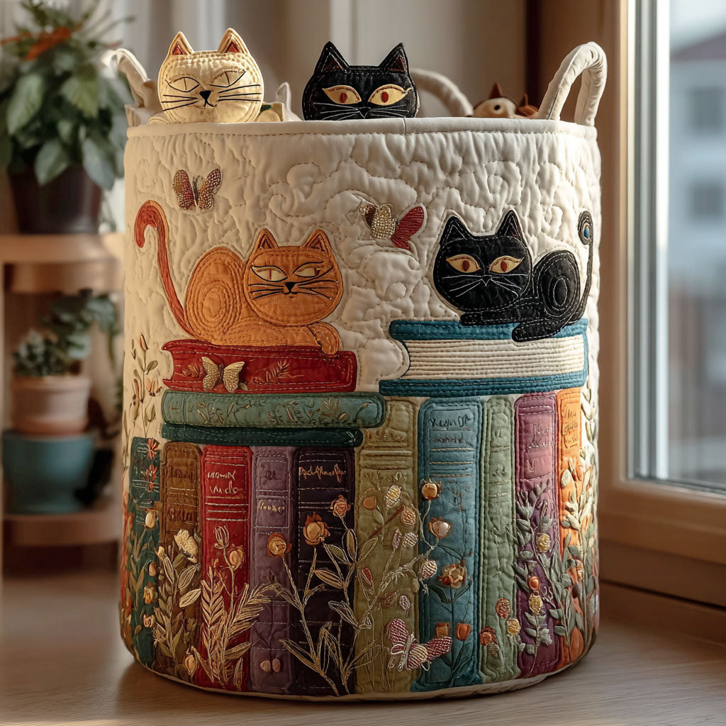 Chat et Livres | Panier à Linge Fait Main