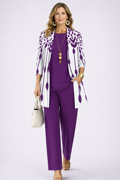 Bathilde | Ensemble Trois Pièces Violet à Gilet Imprimé Feuillage Blanc