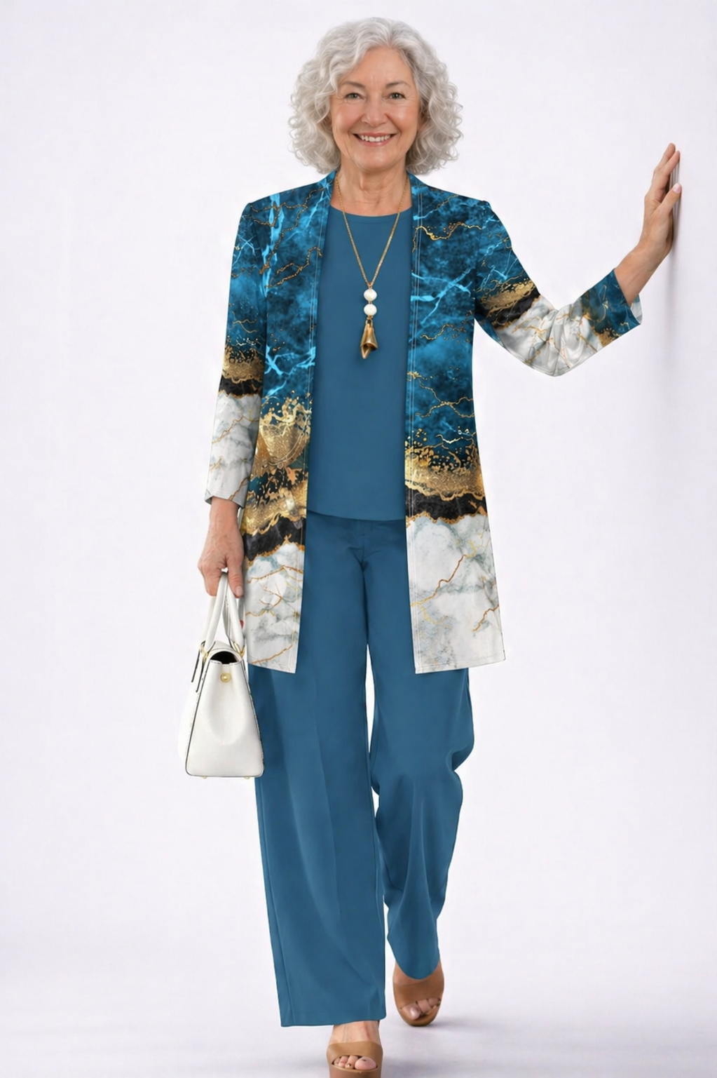 Edwige | Ensemble Trois Pièces Bleu Canard à Gilet Imprimé Abstrait