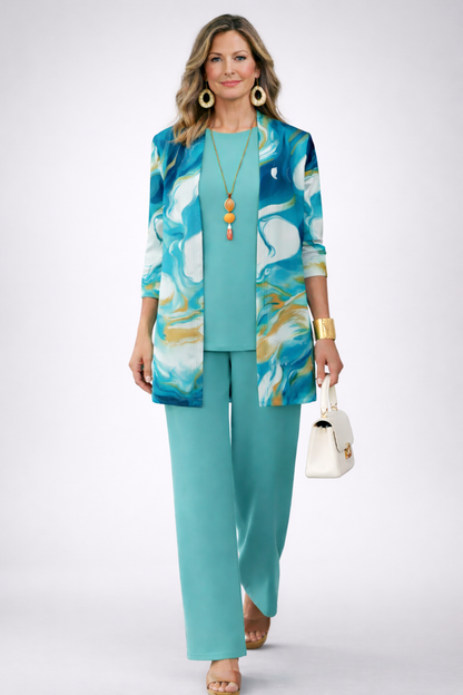 Annaëlle | Ensemble Trois Pièces Turquoise à Gilet Fleuri
