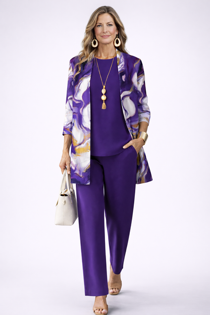 Fantine | Ensemble Trois Pièces Violet à Gilet Imprimé Abstrait