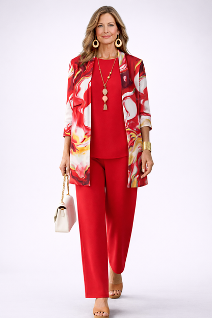 Félicité | Ensemble Trois Pièces Rouge à Gilet Fleuri Blanc