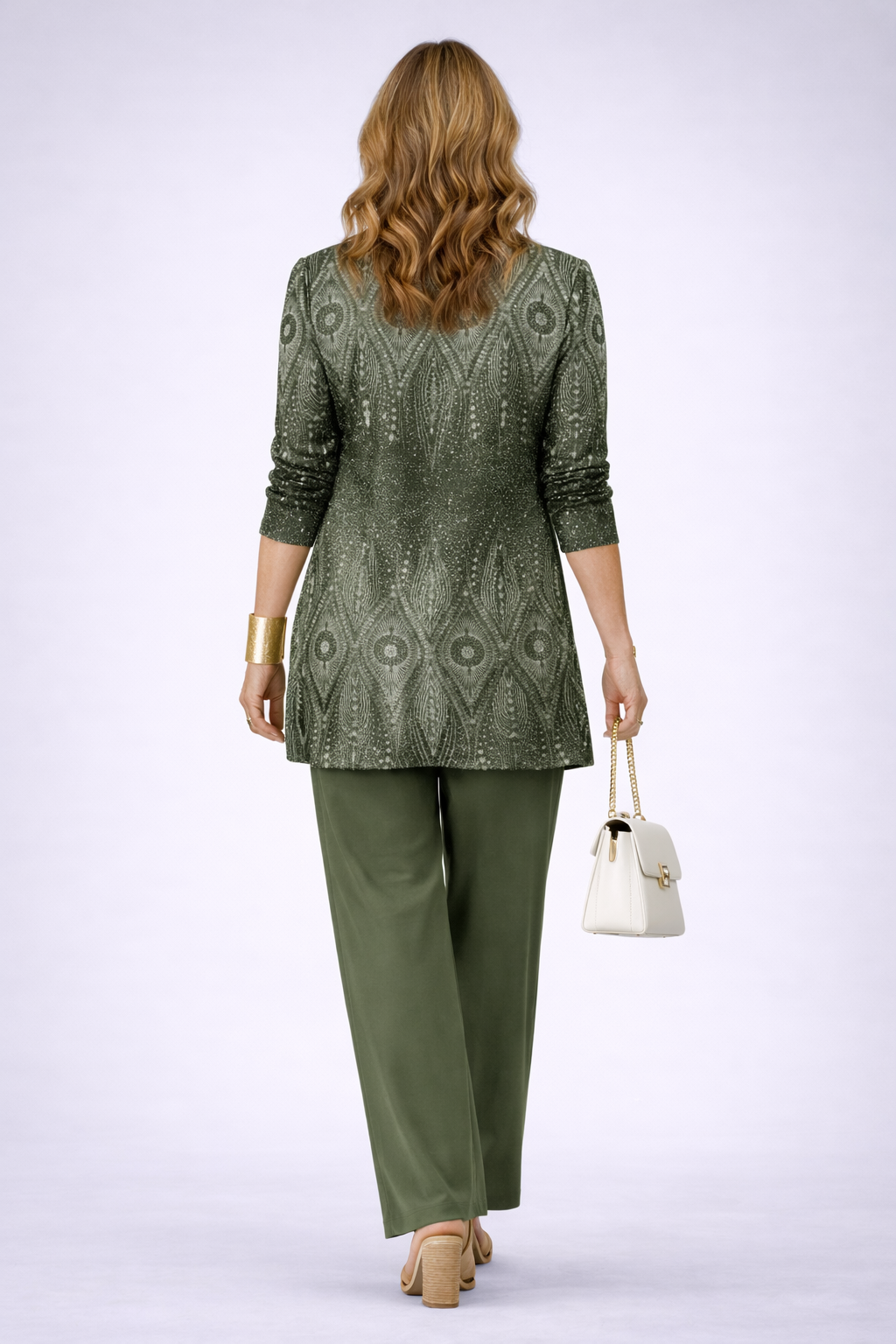 Typhaine | Ensemble Trois Pièces Vert Olive à Gilet Imprimé Ton sur Ton