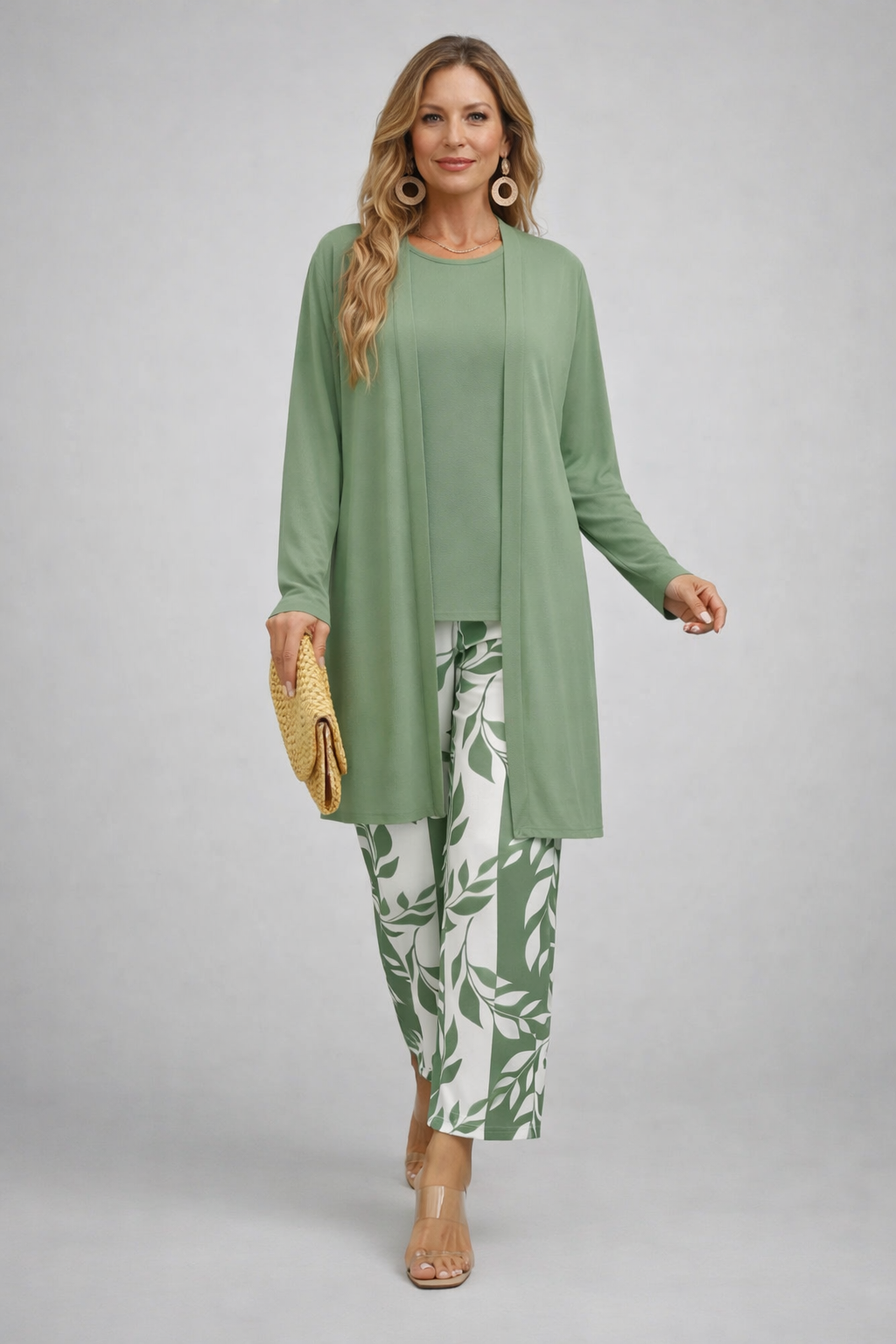 Isaline | Ensemble Trois Pièces Vert Sauge à Pantalon Imprimé