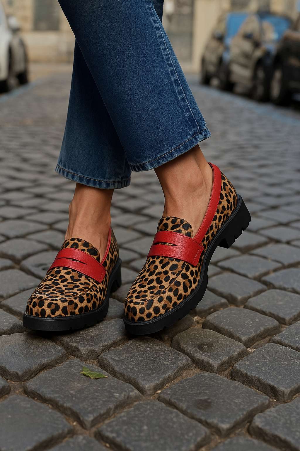 Raphaëlle | Mocassins Léopard à Bride Rouge