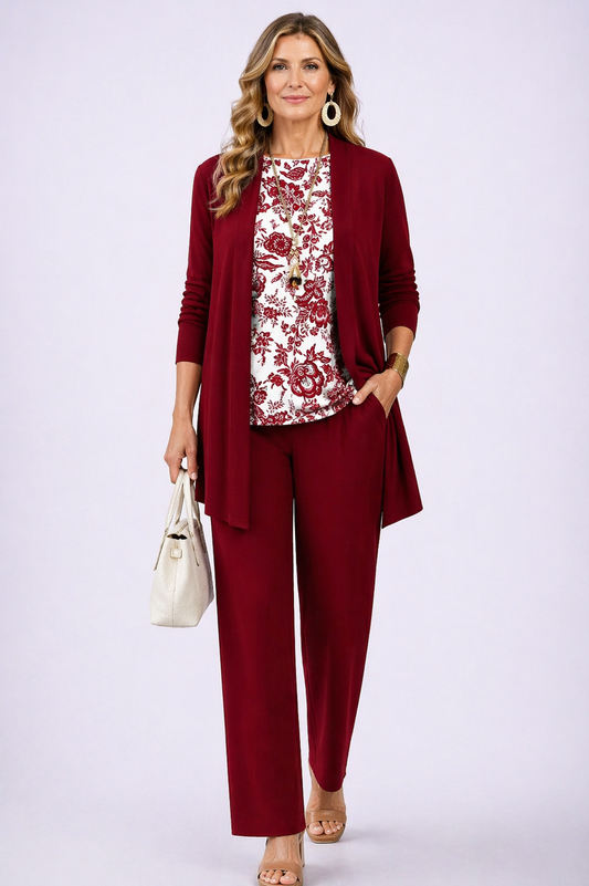 Ludmila | Ensemble Trois Pièces Rouge Intense à Top Fleuri