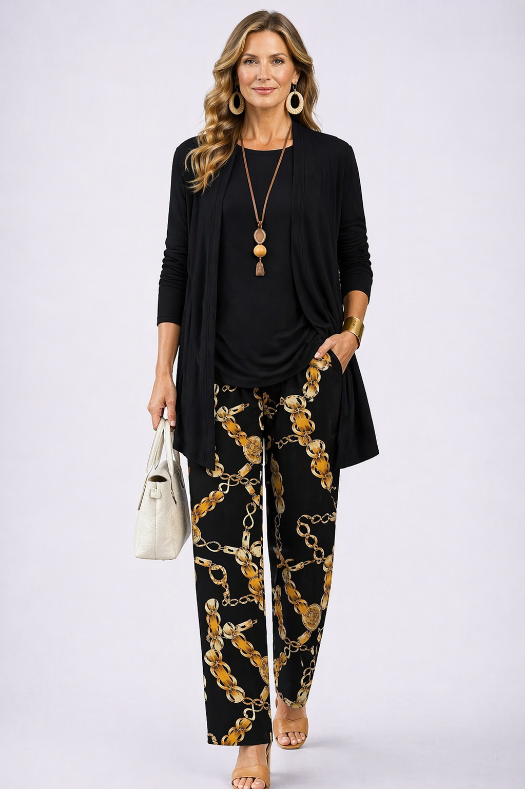 Fanchon | Ensemble Trois Pièces Noir et Or à Pantalon Imprimé Chaînes