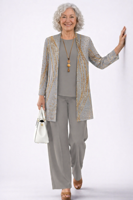 Fleur | Ensemble Trois Pièces Gris et Or à Gilet Chiné