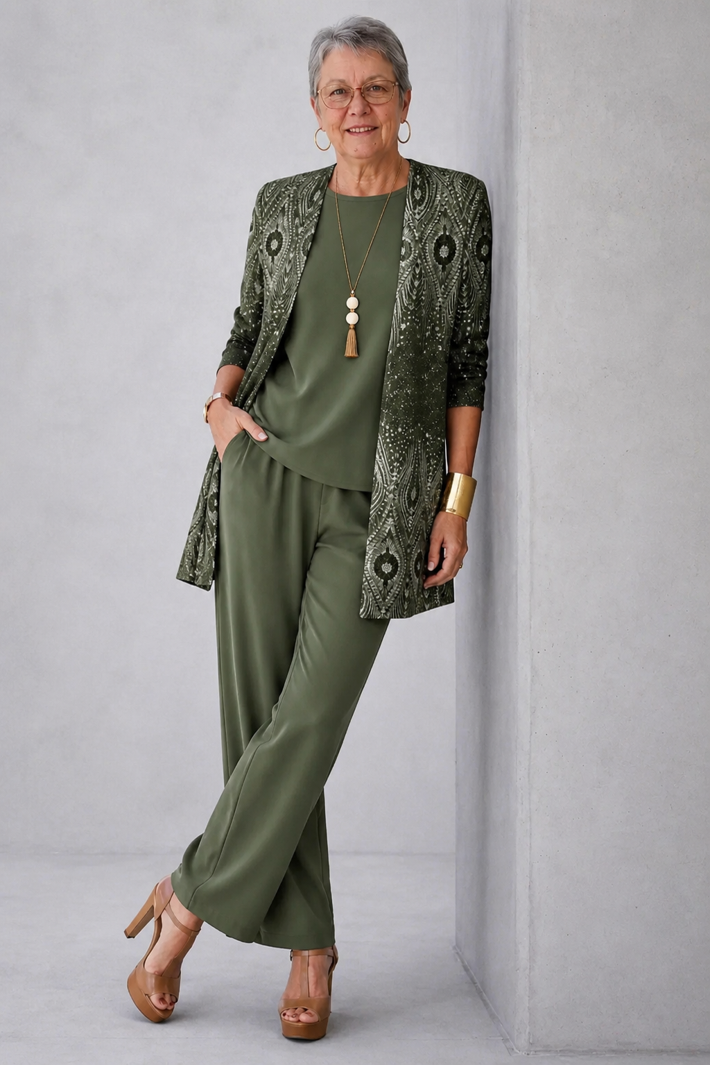 Typhaine | Ensemble Trois Pièces Vert Olive à Gilet Imprimé Ton sur Ton