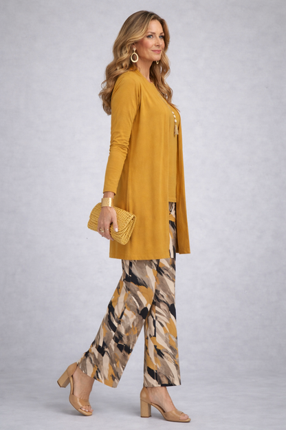 Émeline | Ensemble Trois Pièces Jaune Moutarde à Pantalon Imprimé