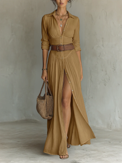 Robe Maxi Longue Femme à Col à Revers et Manches Longues