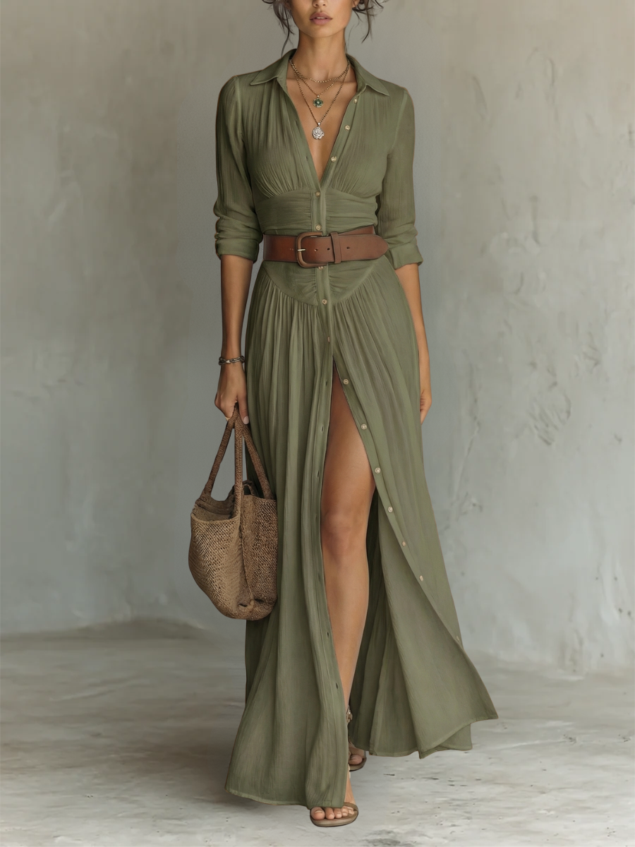 Robe Maxi Longue Femme à Col à Revers et Manches Longues