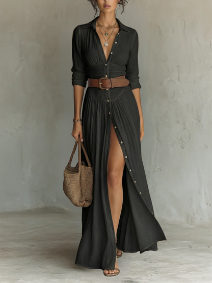 Robe Maxi Longue Femme à Col à Revers et Manches Longues
