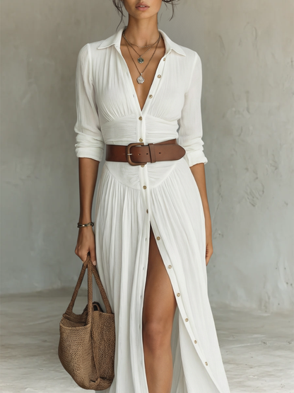 Robe Maxi Longue Femme à Col à Revers et Manches Longues