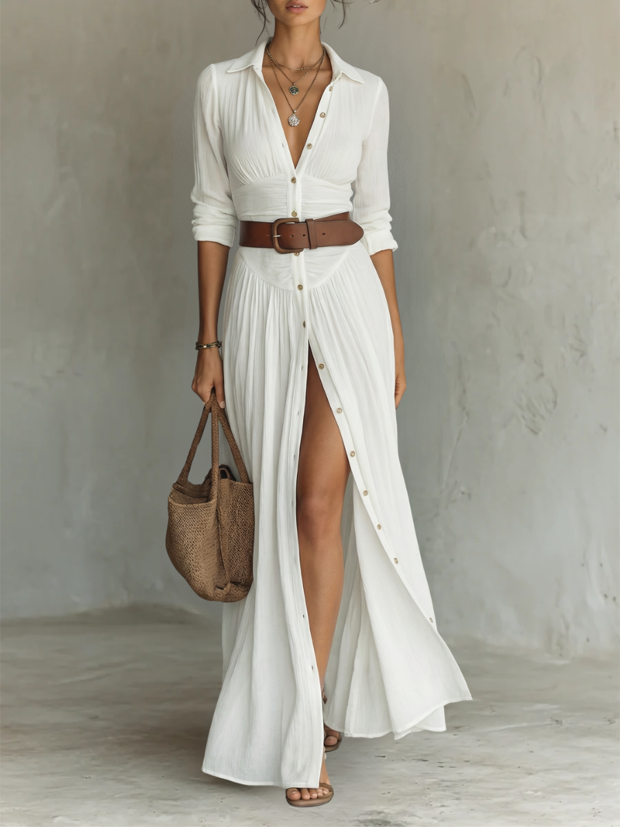 Robe Maxi Longue Femme à Col à Revers et Manches Longues