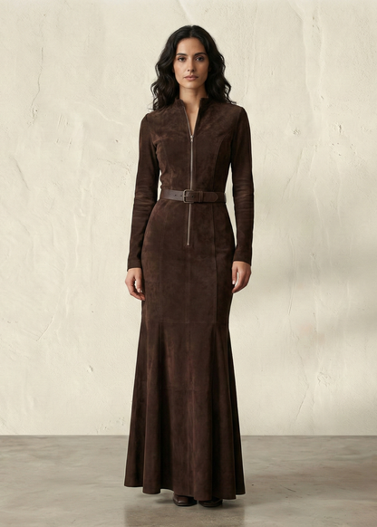 ALESSANDRA | Robe longue marron à ceinture
