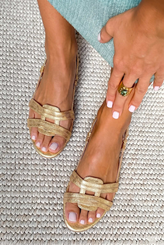 Sandales Slingback Or Métallisé au Design Tressé et Petit Talon.