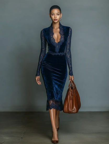 Robe Midi Ajustée en Velours Bleu Foncé à Col en V et Manches en Dentelle