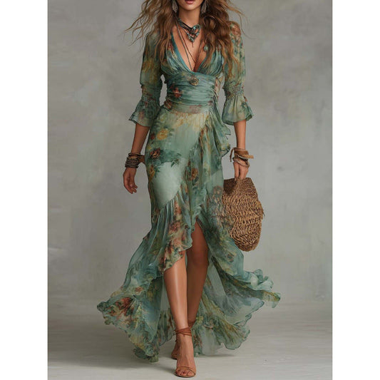 Celeste | Robe Portefeuille Fleurie à Ruchés
