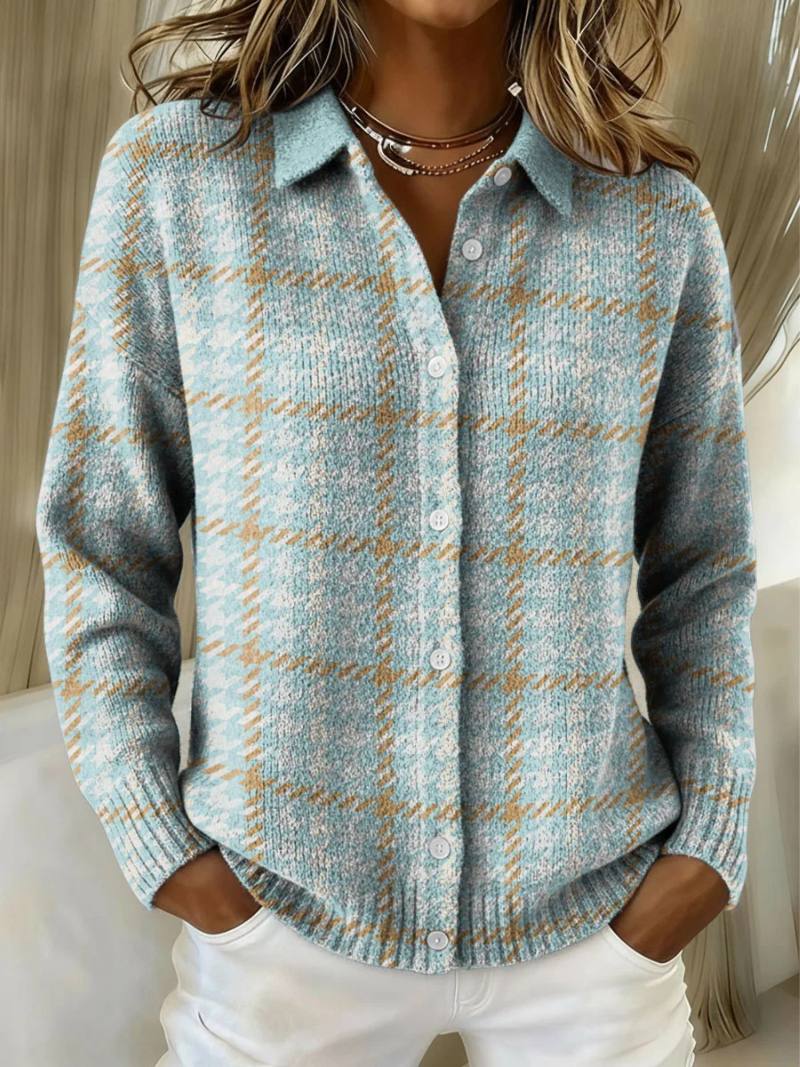 Melania | Cardigan en Maille à Carreaux Bleu Ciel à Boutons