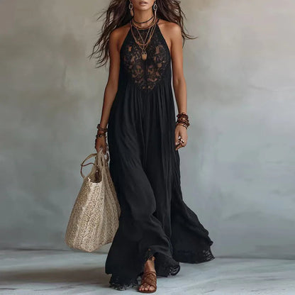 Jade | Robe Maxi Halter à Empiècement en Dentelle et Dos Nu