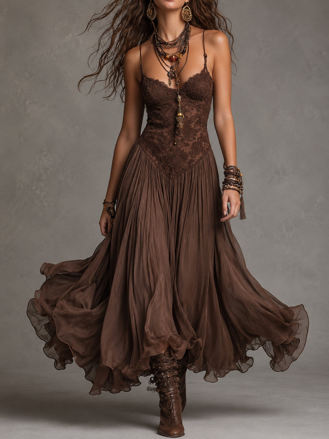Robe Longue en Mousseline et Dentelle Marron Foncé