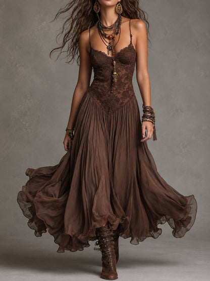 Robe Longue en Mousseline et Dentelle Marron Foncé