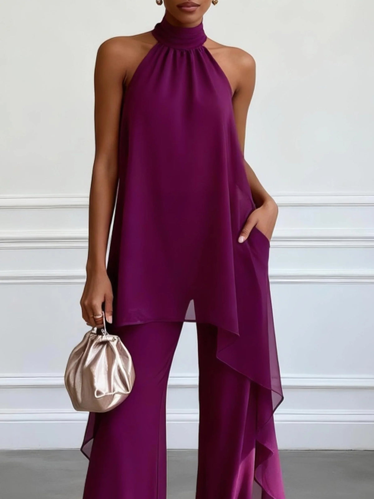 Ensemble Élégant Violet avec Top Halter Sans Manches et Pantalon