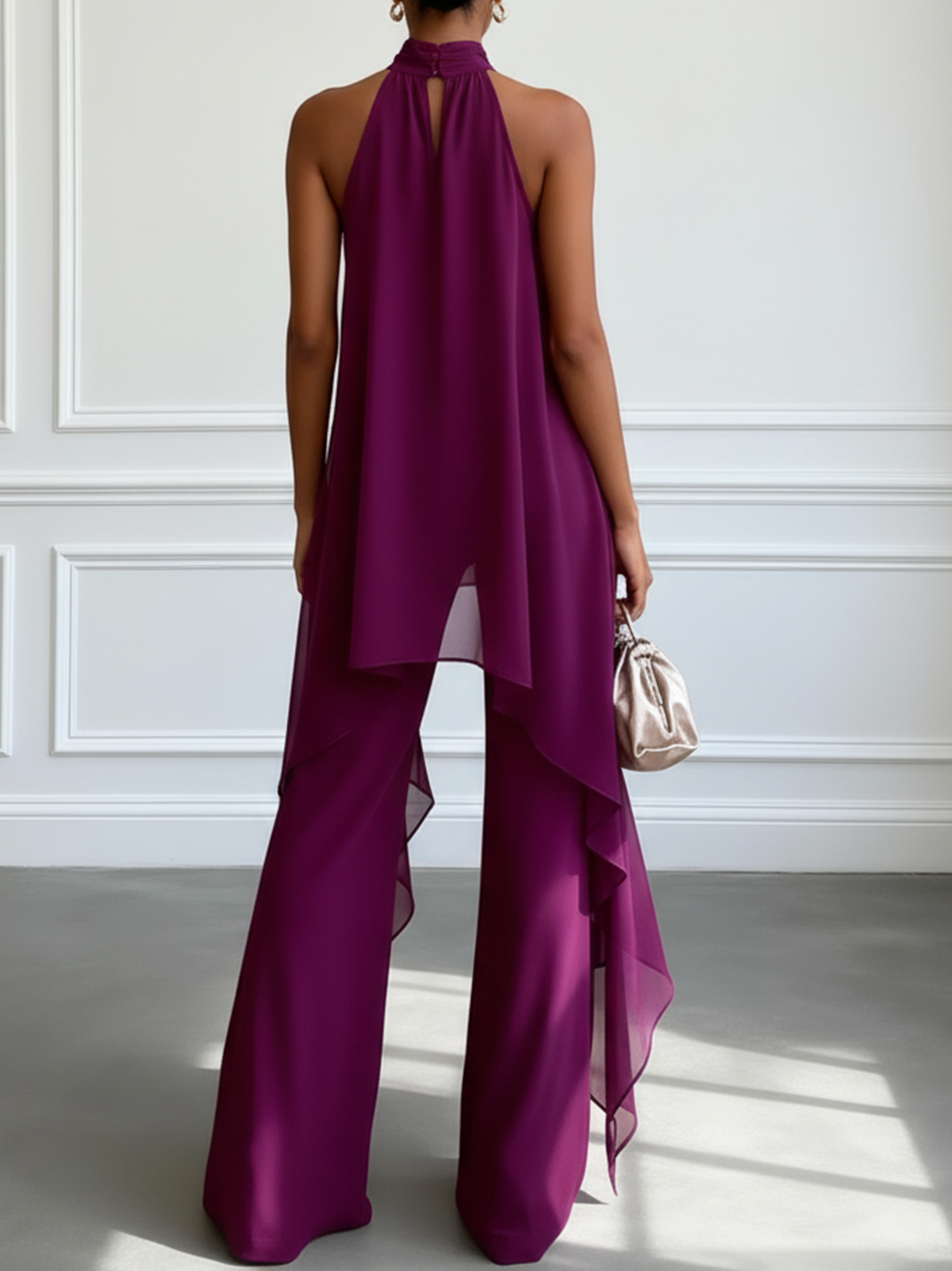 Ensemble Élégant Violet avec Top Halter Sans Manches et Pantalon