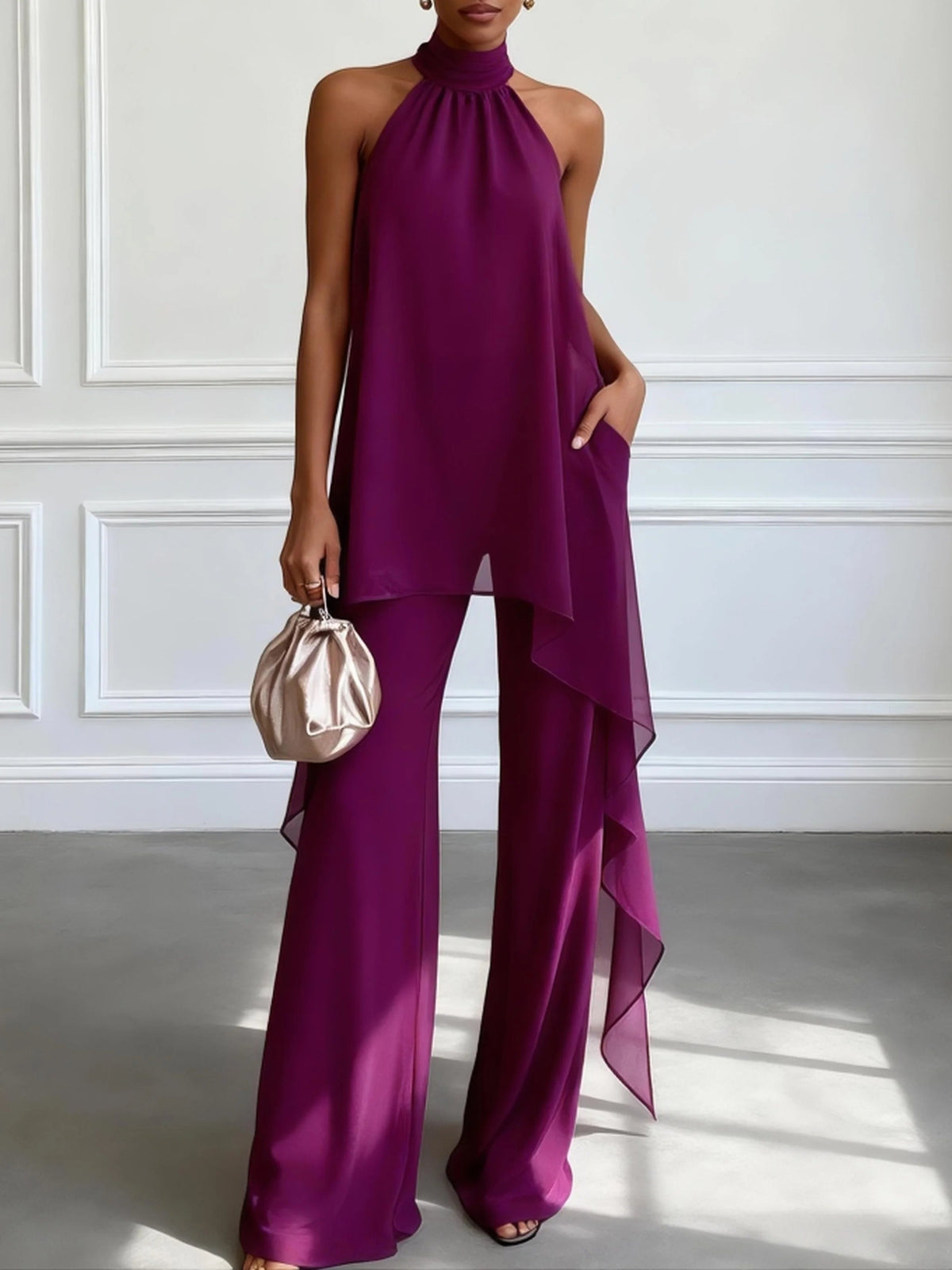 Ensemble Élégant Violet avec Top Halter Sans Manches et Pantalon