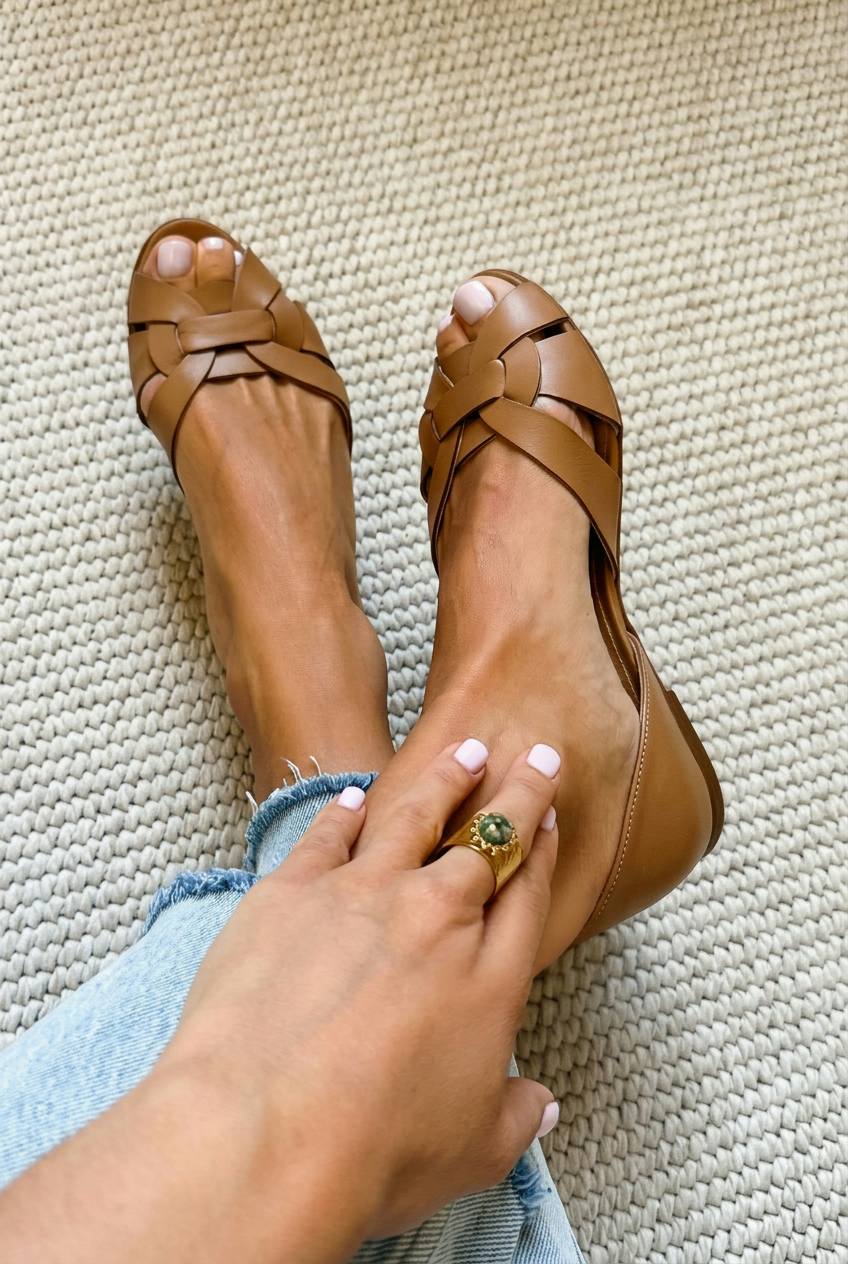 Ballerines peep toe tressées en simili cuir à brides croisées et talon fermé